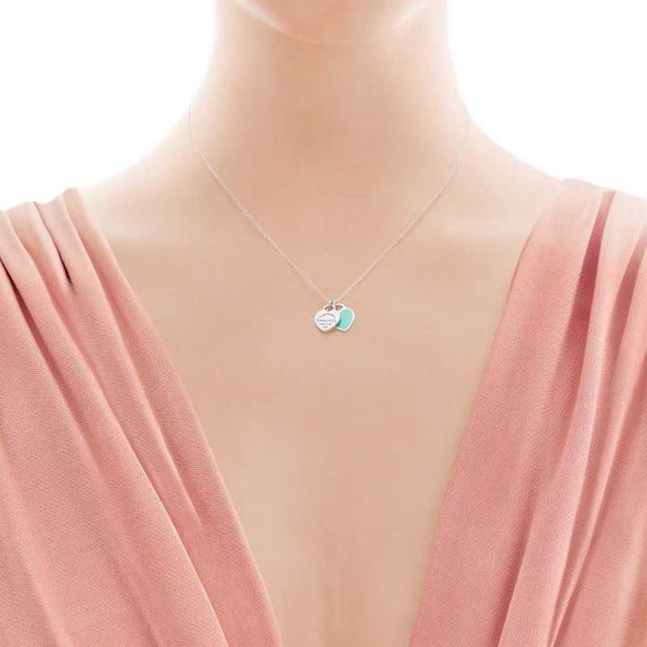 TIFFANY&CO925银镶双心形珐琅蓝心粉心爱心吊坠女士项链生日礼物 GRP06366