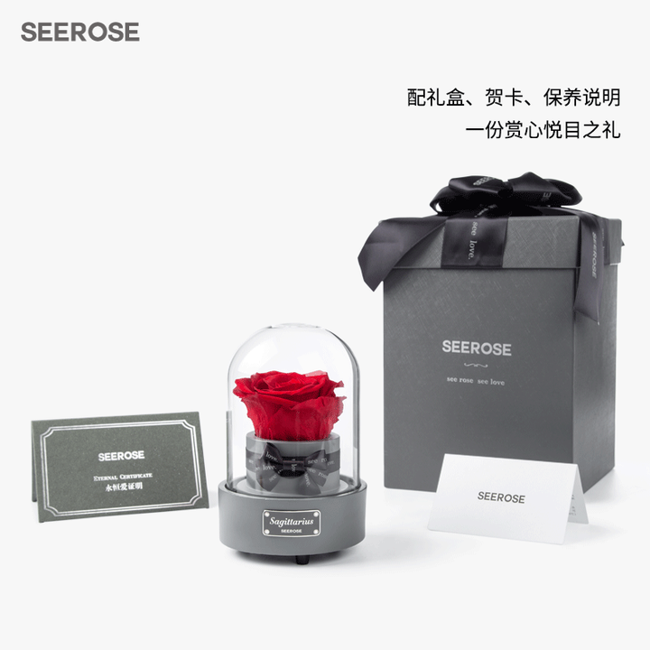 SEEROSE音乐盒玻璃罩12星座进口永生花玫瑰礼盒圣诞情人节生日礼物