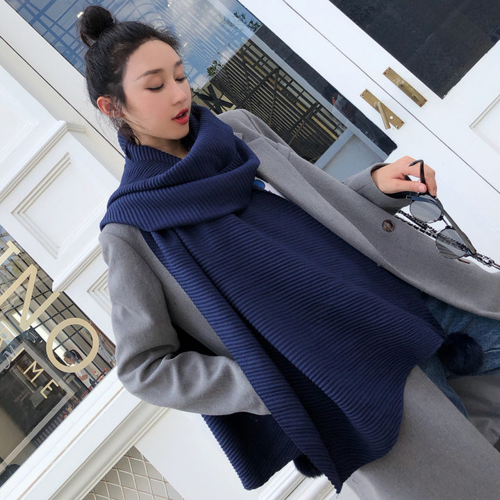 围巾女 压皱围巾女韩版纯色仿羊绒手工挂球百搭保暖披肩围脖批