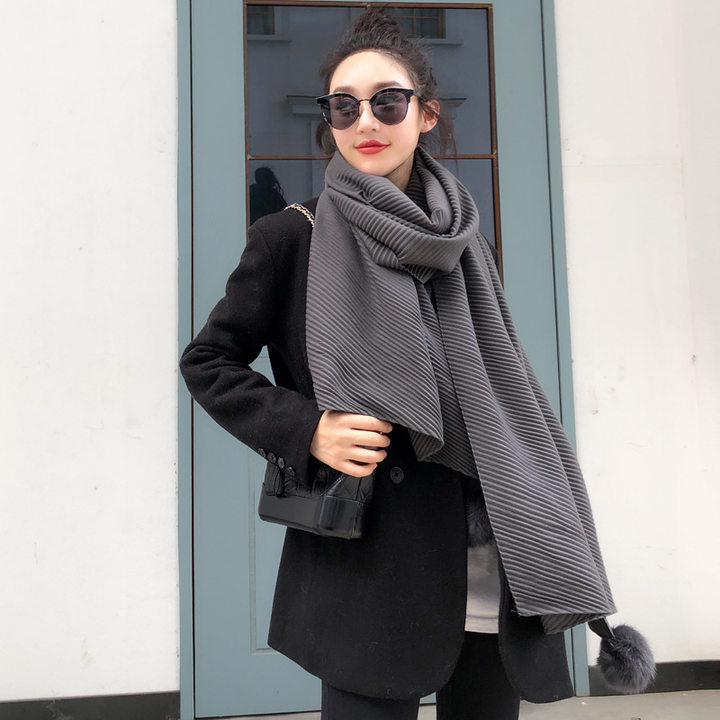 围巾女 压皱围巾女韩版纯色仿羊绒手工挂球百搭保暖披肩围脖批
