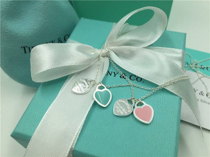 TIFFANY&CO925银镶双心形珐琅蓝心粉心爱心吊坠女士项链生日礼物 GRP06366