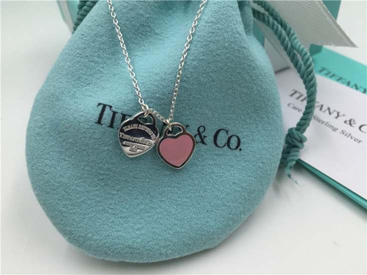 TIFFANY&CO925银镶双心形珐琅蓝心粉心爱心吊坠女士项链生日礼物 GRP06366
