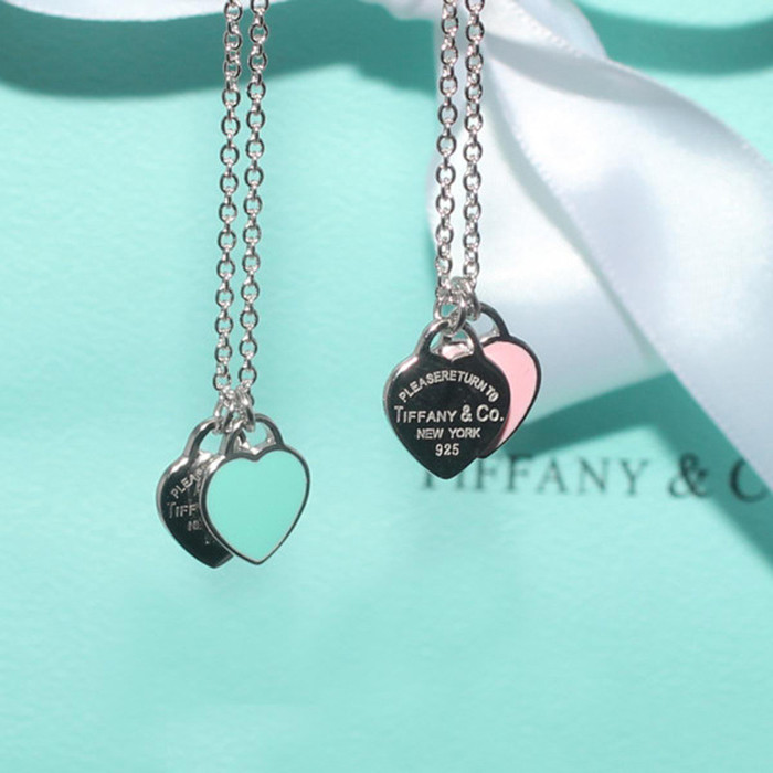 TIFFANY&CO925银镶双心形珐琅蓝心粉心爱心吊坠女士项链生日礼物 GRP06366