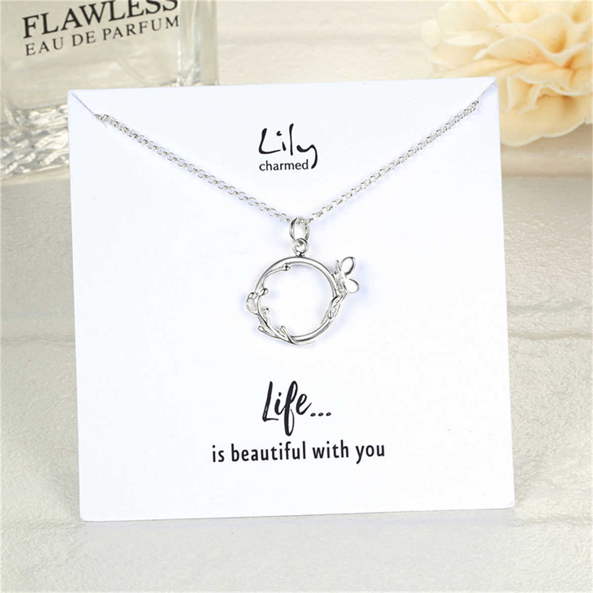 Lily Charmed “有你生命才精彩”蝴蝶花环戒指 手工打造 40cm 925银项链(英国品牌 正品授权)