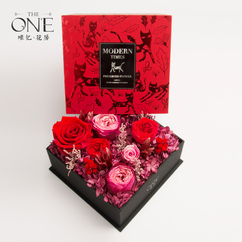THEONE唯忆花房摩登时代高端永生花礼盒红色玫瑰花盒干花生日礼物