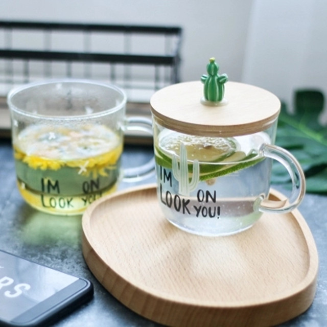可爱仙人掌带盖玻璃杯子加厚耐热办公室茶水杯情侣家居日式咖啡杯