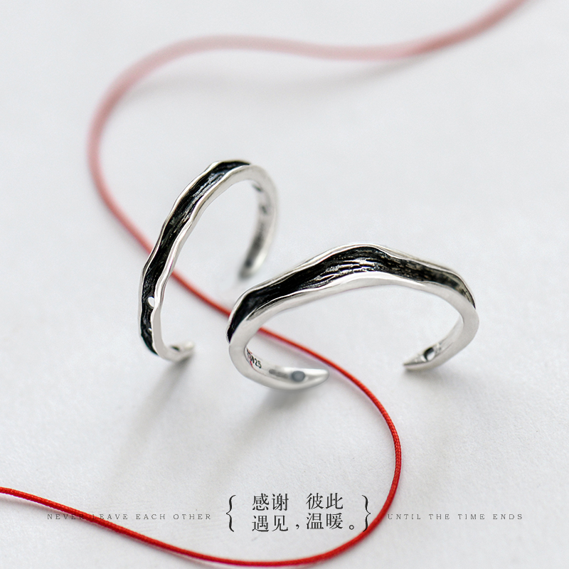 花芽原创命运的红线情侣对戒纯银戒指一对日韩开口潮人创意礼物