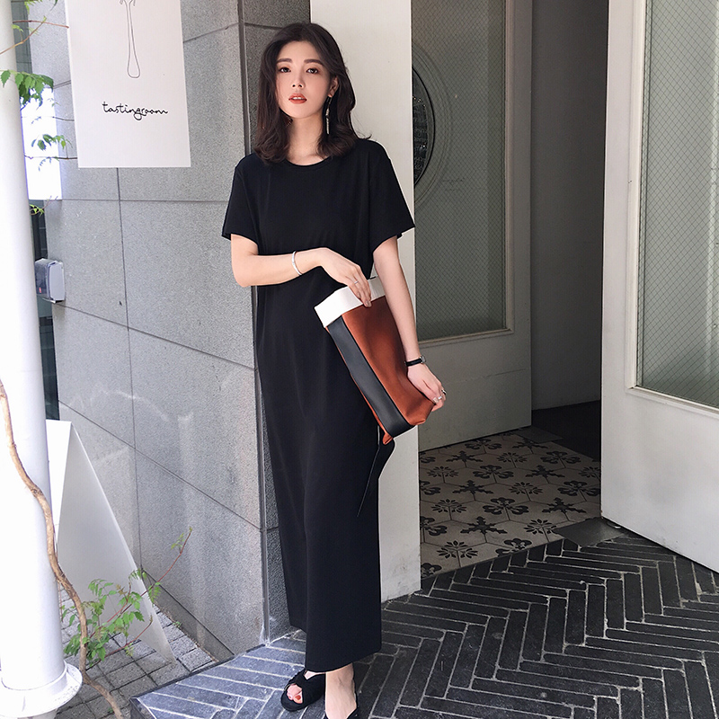 MALI/2018新款宽松显瘦套头短袖纯色长款T恤开叉连衣裙一步裙女夏