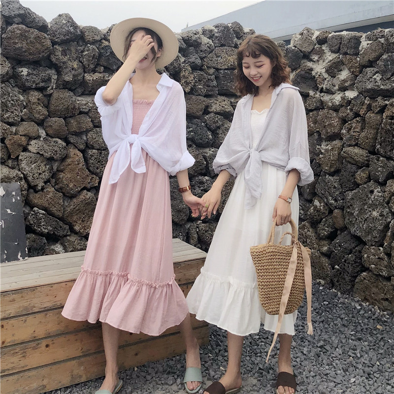 夏装女装韩版中长款宽松显瘦纯色气质吊带连衣裙长裙+防晒衫衬衣