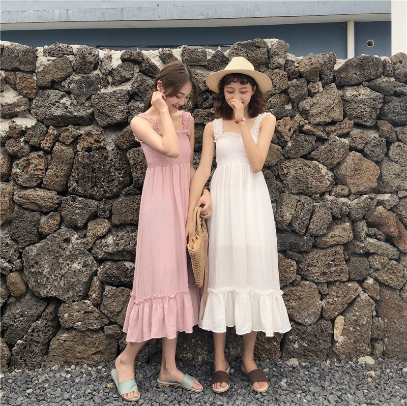夏装女装韩版中长款宽松显瘦纯色气质吊带连衣裙长裙+防晒衫衬衣