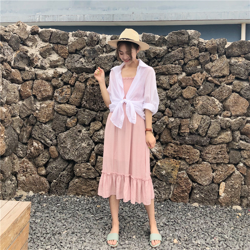 夏装女装韩版中长款宽松显瘦纯色气质吊带连衣裙长裙+防晒衫衬衣