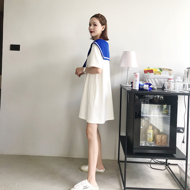2018夏季新款韩版水手服海军领学院风宽松娃娃连衣裙女短袖T恤裙