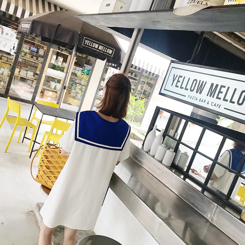 2018夏季新款韩版水手服海军领学院风宽松娃娃连衣裙女短袖T恤裙