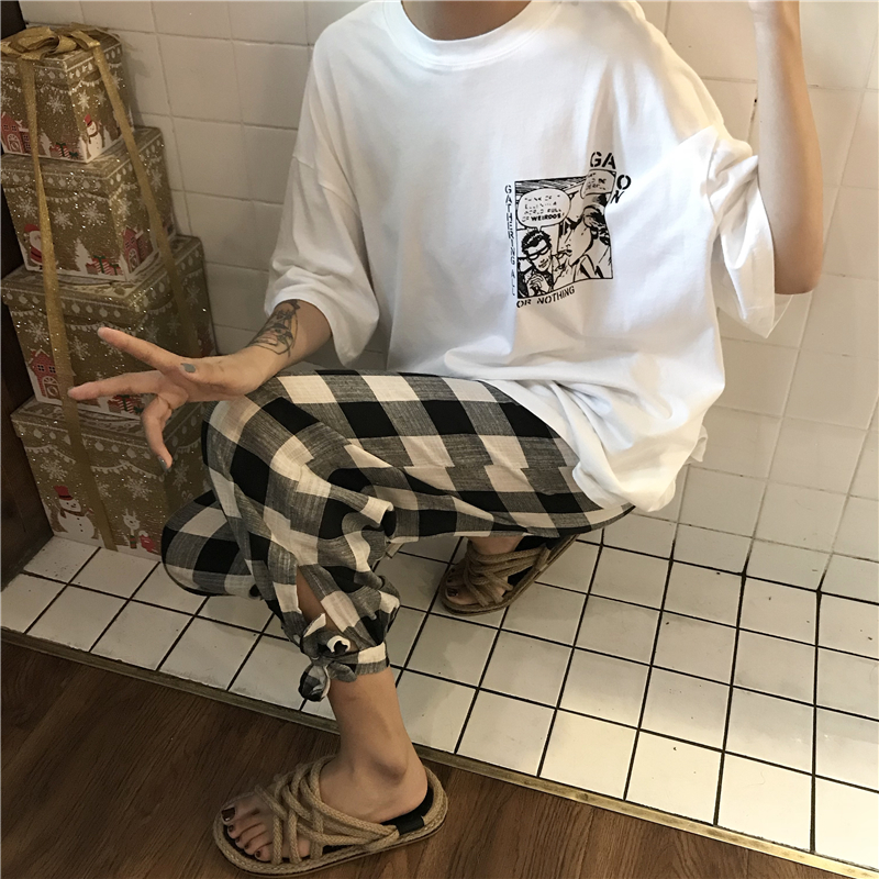 夏季女装韩版中长款宽松卡通原宿风短袖T恤显瘦上衣+格子休闲裤潮