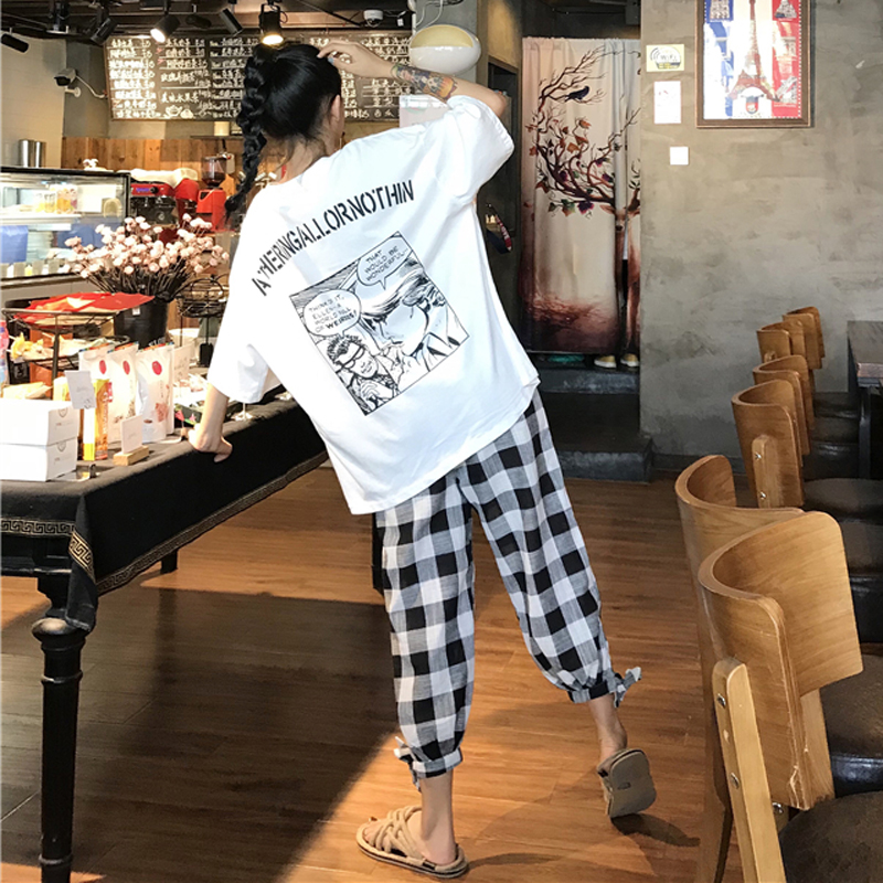 夏季女装韩版中长款宽松卡通原宿风短袖T恤显瘦上衣+格子休闲裤潮