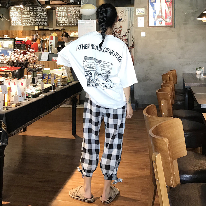 夏季女装韩版中长款宽松卡通原宿风短袖T恤显瘦上衣+格子休闲裤潮