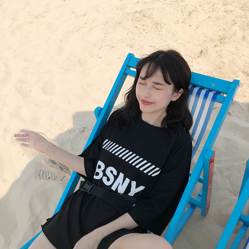ins2018新款韩版BF宽松上衣嘻哈中长款下衣失踪短袖T恤女夏蹦迪潮