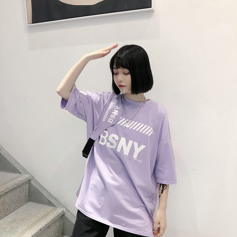 ins2018新款韩版BF宽松上衣嘻哈中长款下衣失踪短袖T恤女夏蹦迪潮