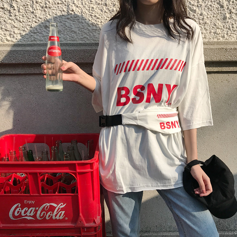 ins2018新款韩版BF宽松上衣嘻哈中长款下衣失踪短袖T恤女夏蹦迪潮
