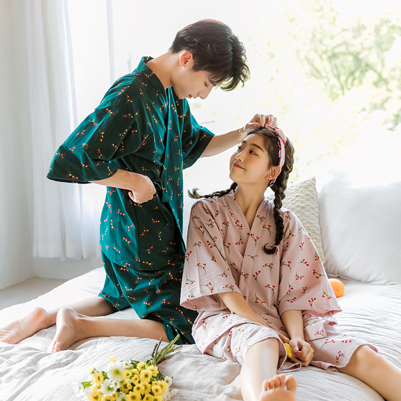 情侣睡衣女夏纯棉短袖可爱套装日式家居服 男和服学生两件套薄款